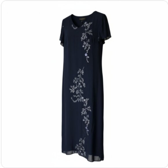Donna Ricco Elegant Navy Blue Floral Maxi Dress Gown, 14 - Picture 2 of 15